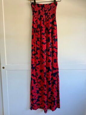 Gap Factory Strapless Red Floral Print Maxi Dress Smocked Size XS Vacation Beach